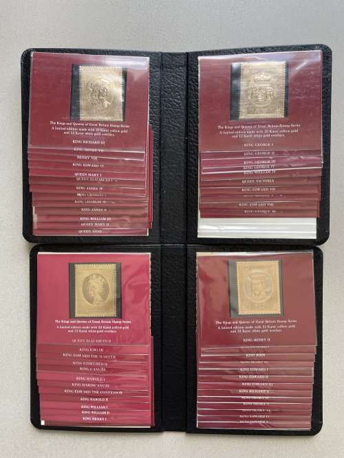 1977 GOLD STAMP SERIES of the Kings and Queens of Great Britain, full set of 49 23K gold foil stamps